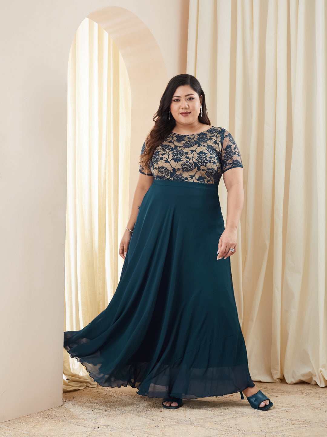Teal Short Sleeves Lace Fit and Flare Maxi Dress for Women