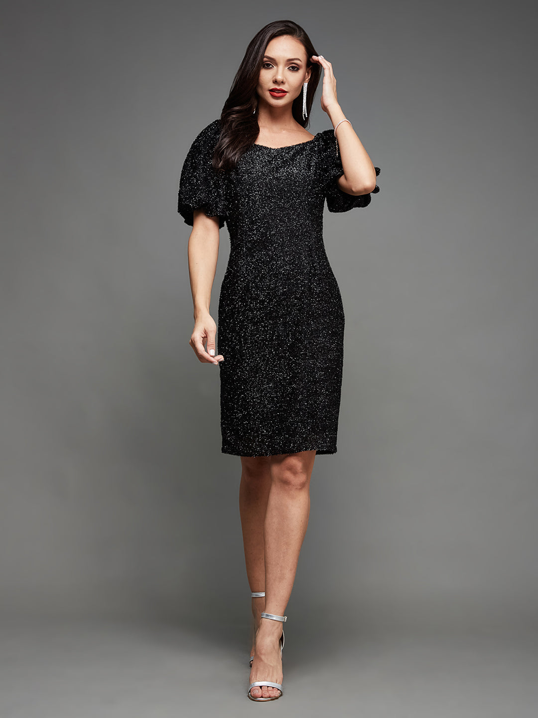 Women's Black Square Neck Half Sleeve Self Design Bodycon Mini Polyester Dress