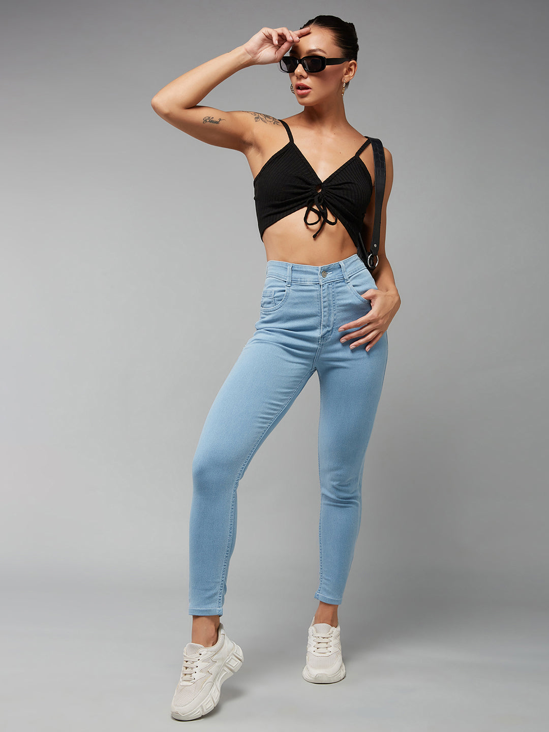 Women's Light Blue Skinny High-Rise Distressed Cropped Denim Jeans