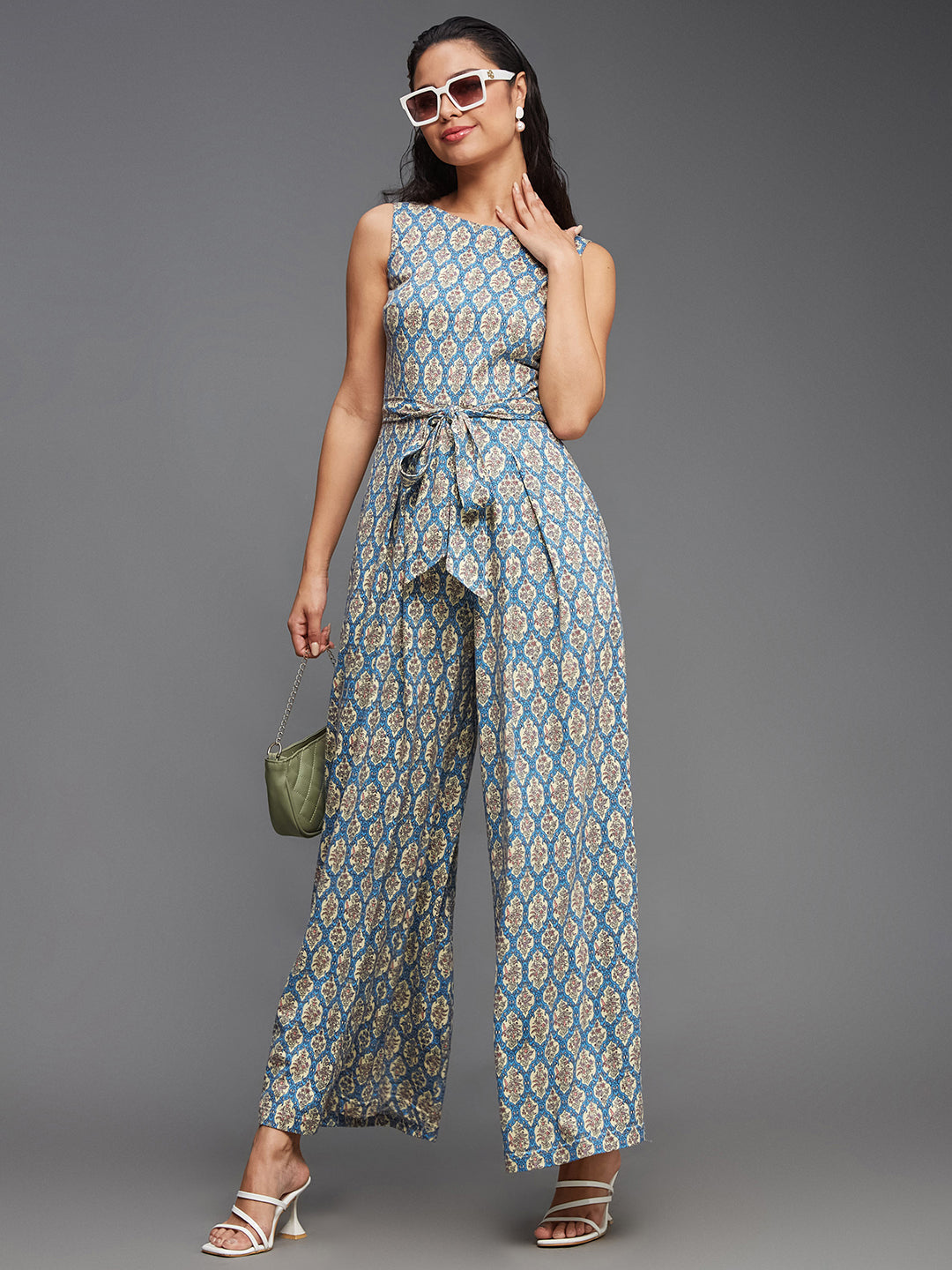 Women's Multicolored-Base-Off White Boat Neck Sleeveless Bohemian-Patterned Pleated Pure Cotton Regular-Length Jumpsuit