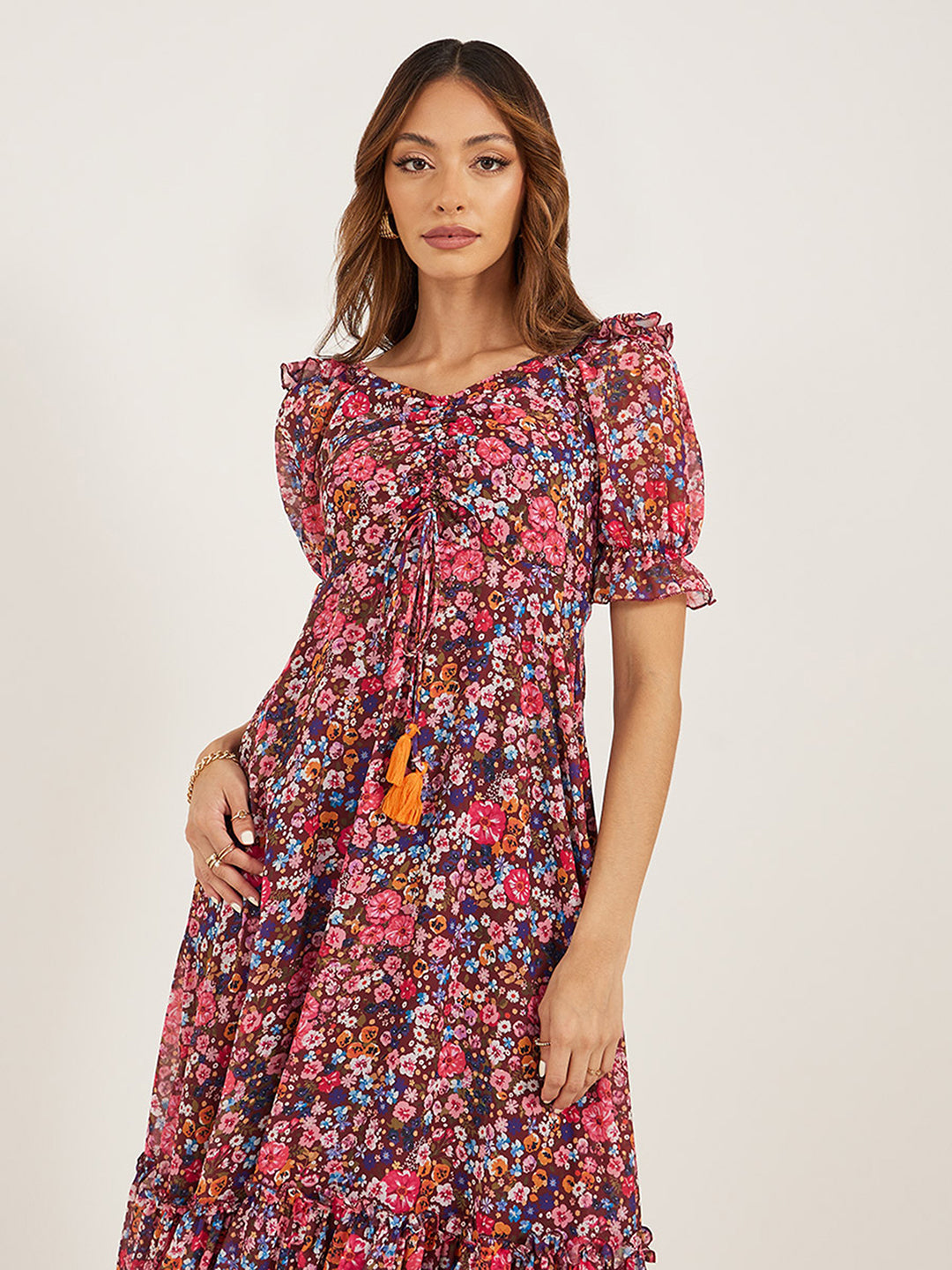 Women's Multicolored-Base-Wine V-Neck Puff Sleeve Floral Ruching Ankle-Length Dress