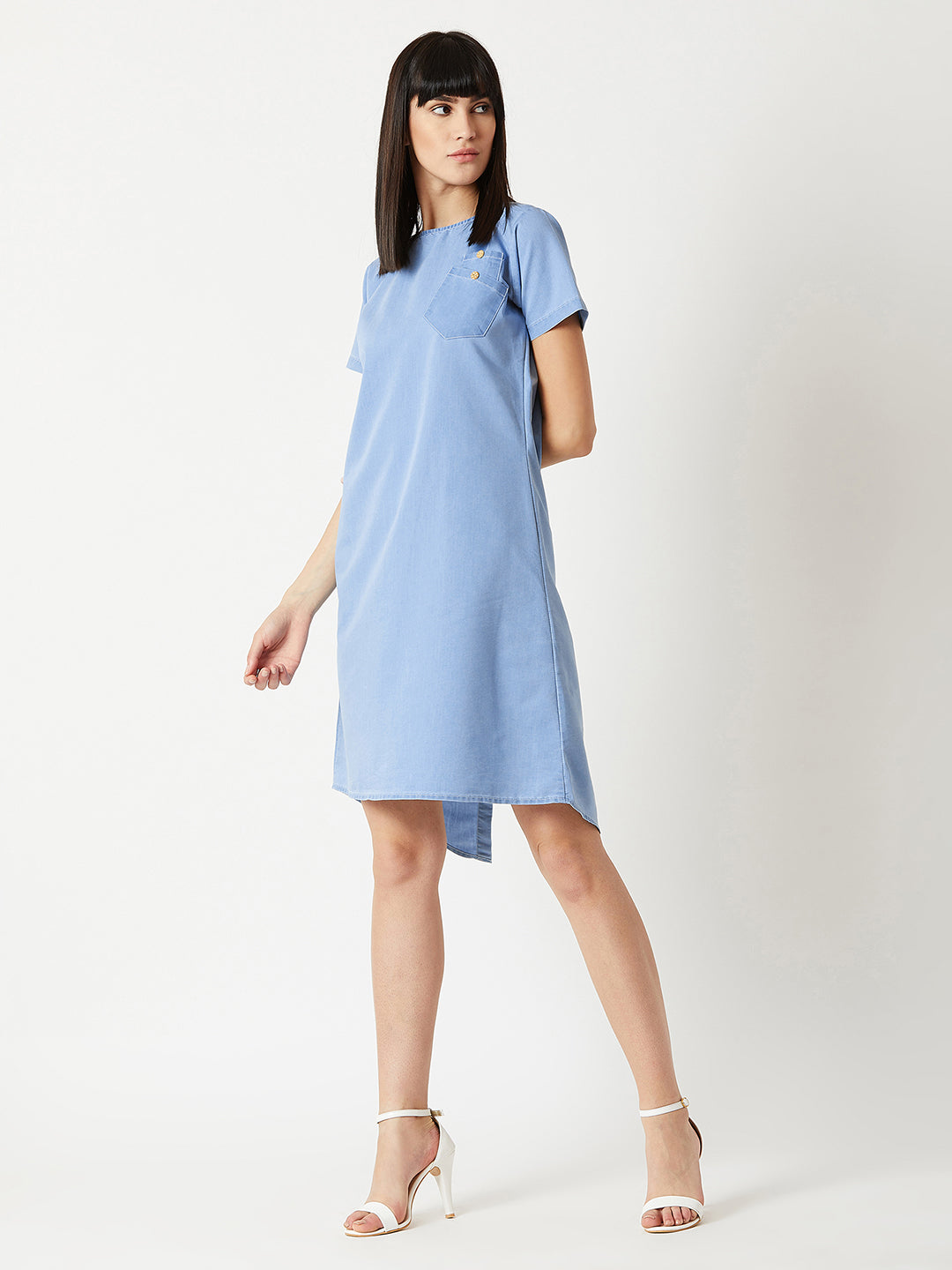 Women's Light Blue Round Neck Half Sleeve Cotton Solid Cut-Out Buttoned Knee-Long Denim Dress