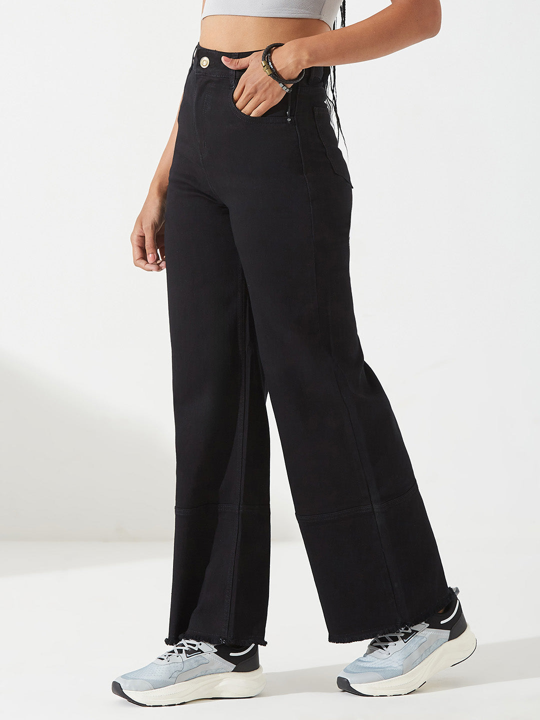 Black Wide Leg High-Rise Stretchable Denim Jeans For Women