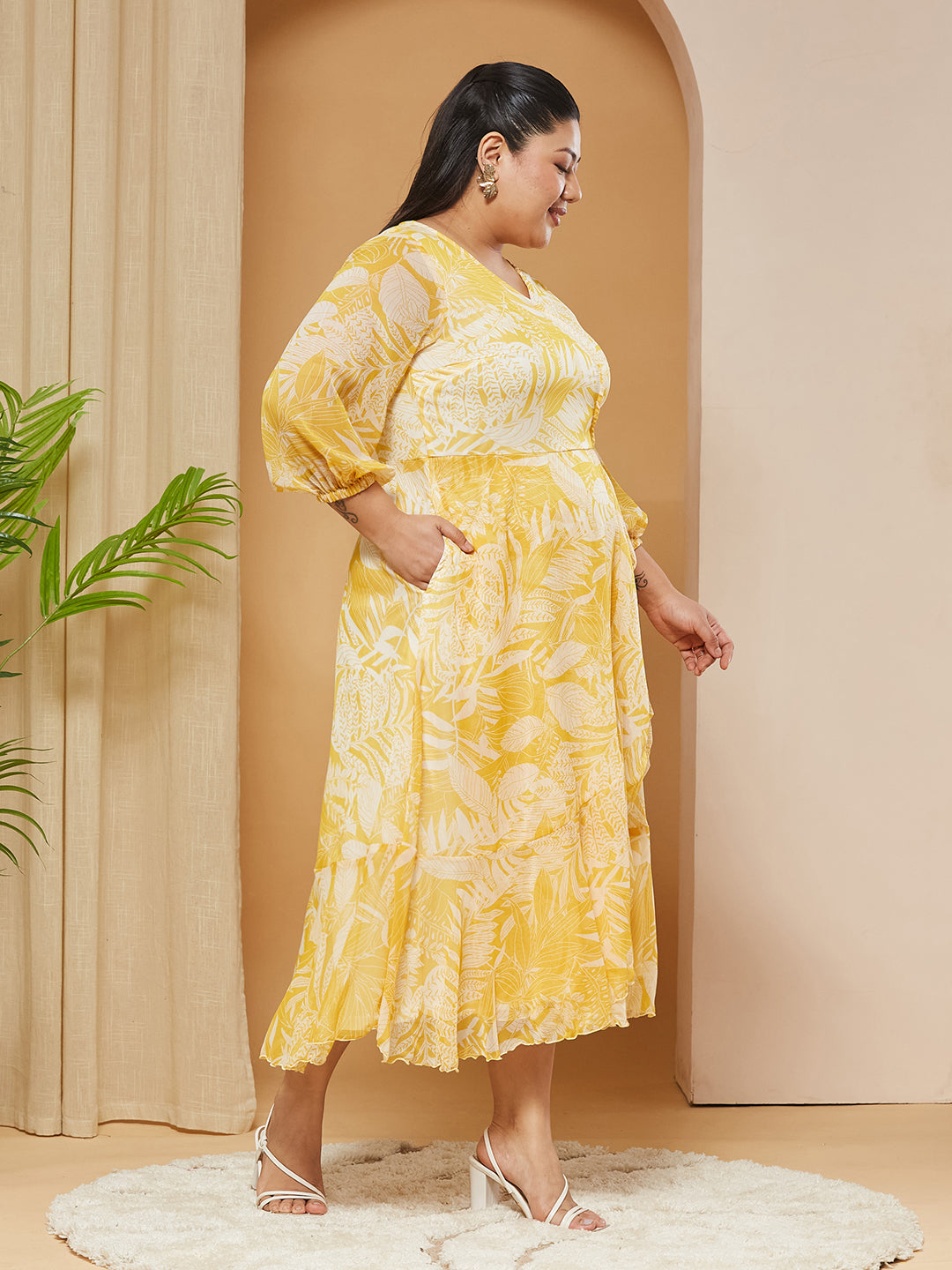 Yellow & White V-Neck Full-Sleeves Floral Layered Maxi Dress for Women