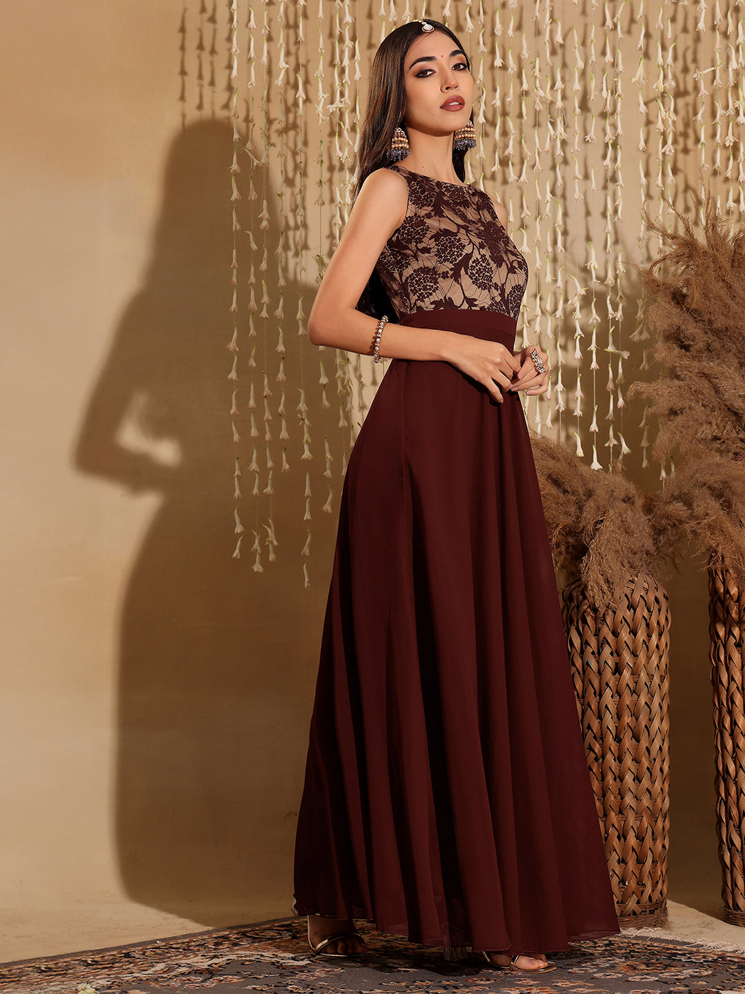 Women's Beige & Wine Round Neck Sleeveless Georgette Floral Lace Fit & Flare Maxi Dress