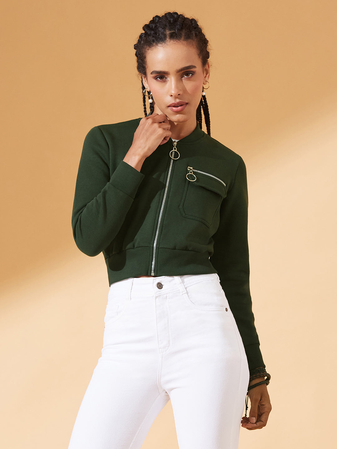 Green Stand Collar Full Sleeves Cotton Boxy/Bomber Cropped Jacket for Women