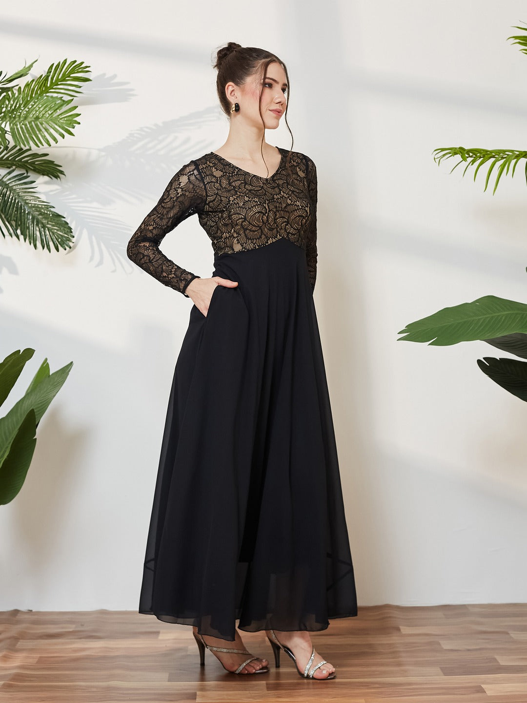 Black V-Neck Full Sleeve Self Design Lace-Overlaid Georgette Maxi Dress for Women