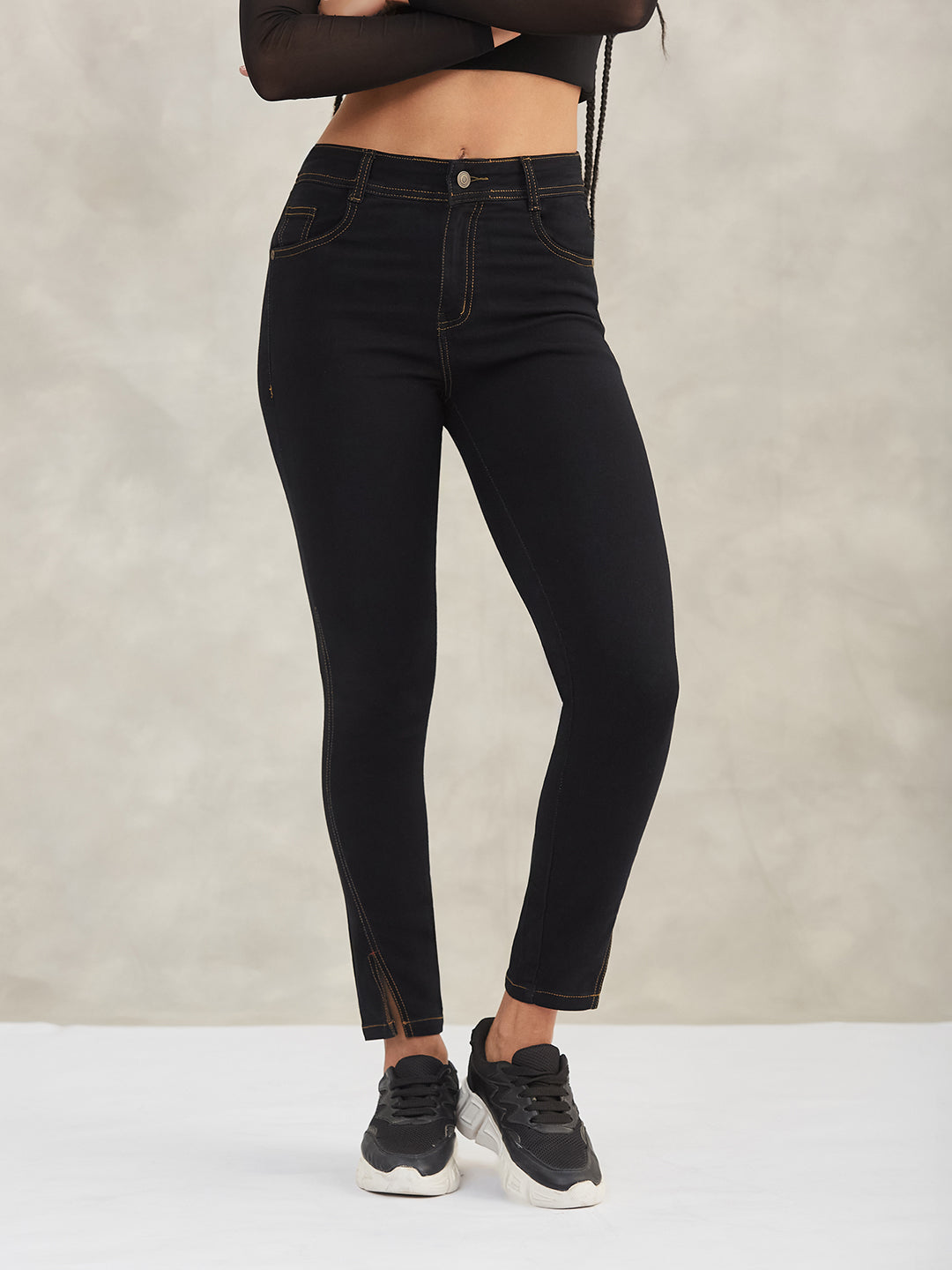 Women's Black Skinny High-Rise Side-Slit Solid Stretchable Denim Jeans