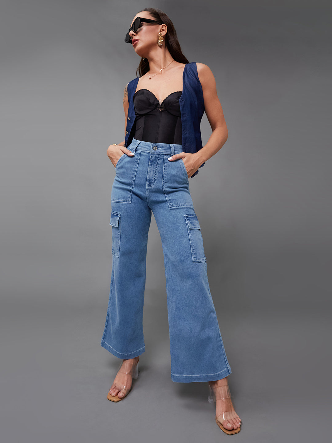 24/7 Comfort Women's Mid Blue Wide Leg High Rise Stretchable Denim Jeans