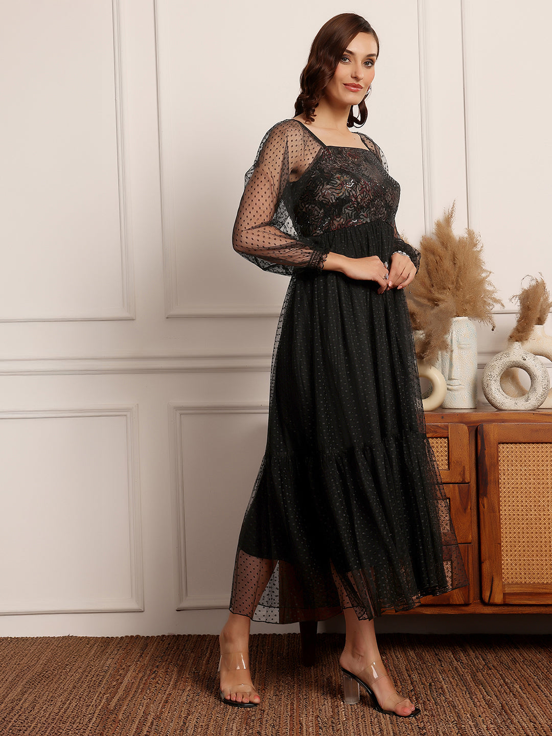 Women's Black Square-Neck Raglan Sleeve Floral Tiered Midi Dress
