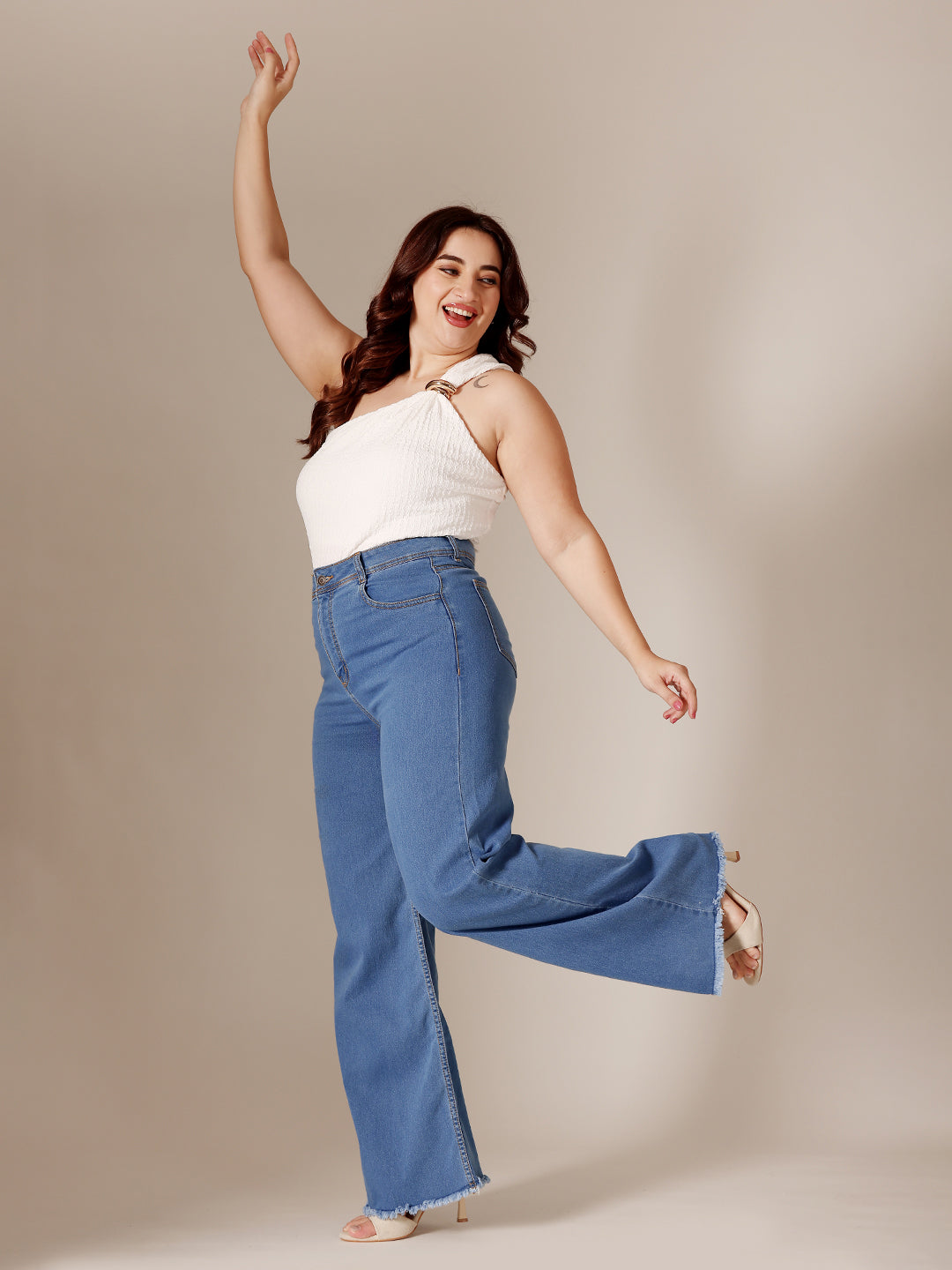 24/7 Comfort Mid Blue Wide-Leg High-Rise Clean-Look Regular-Length Stretchable Denim Jeans for Women