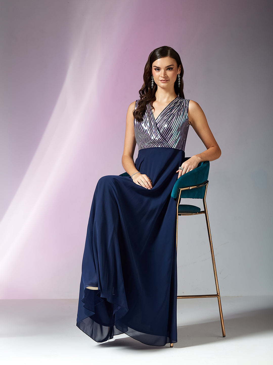 Navy Blue V-Neck Sleeveless Embellished Wrap Maxi Georgette Dress for Women