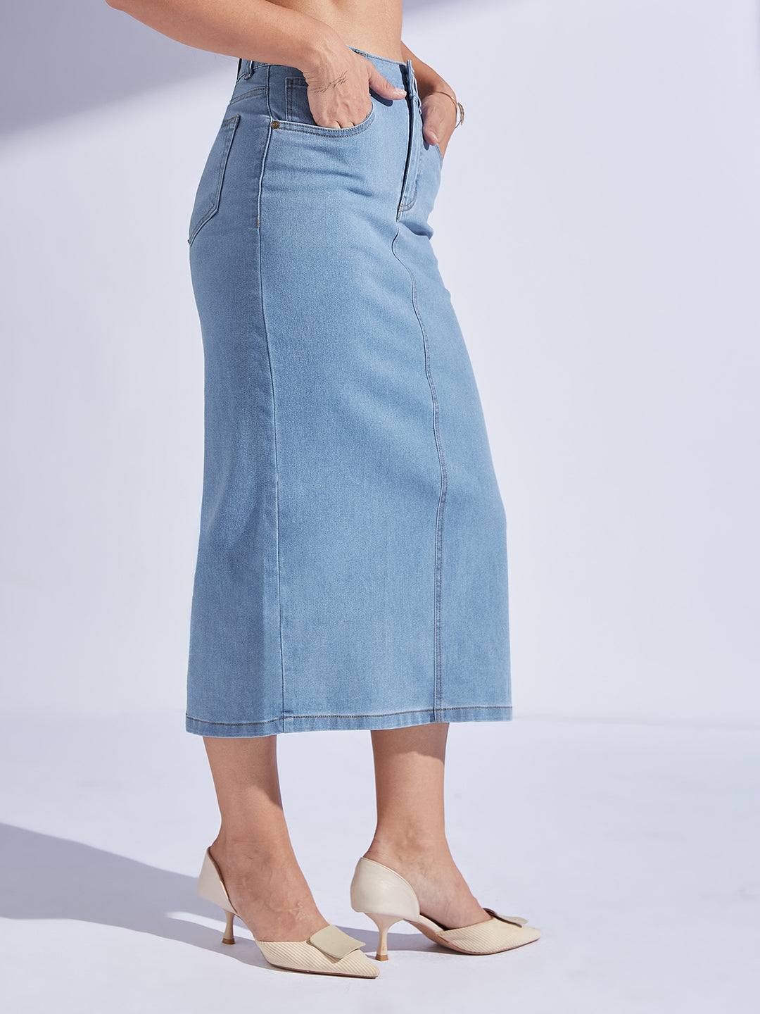 Women's Light Blue Straight-Fit High-Rise Midi Stretchable Denim Denim Skirt