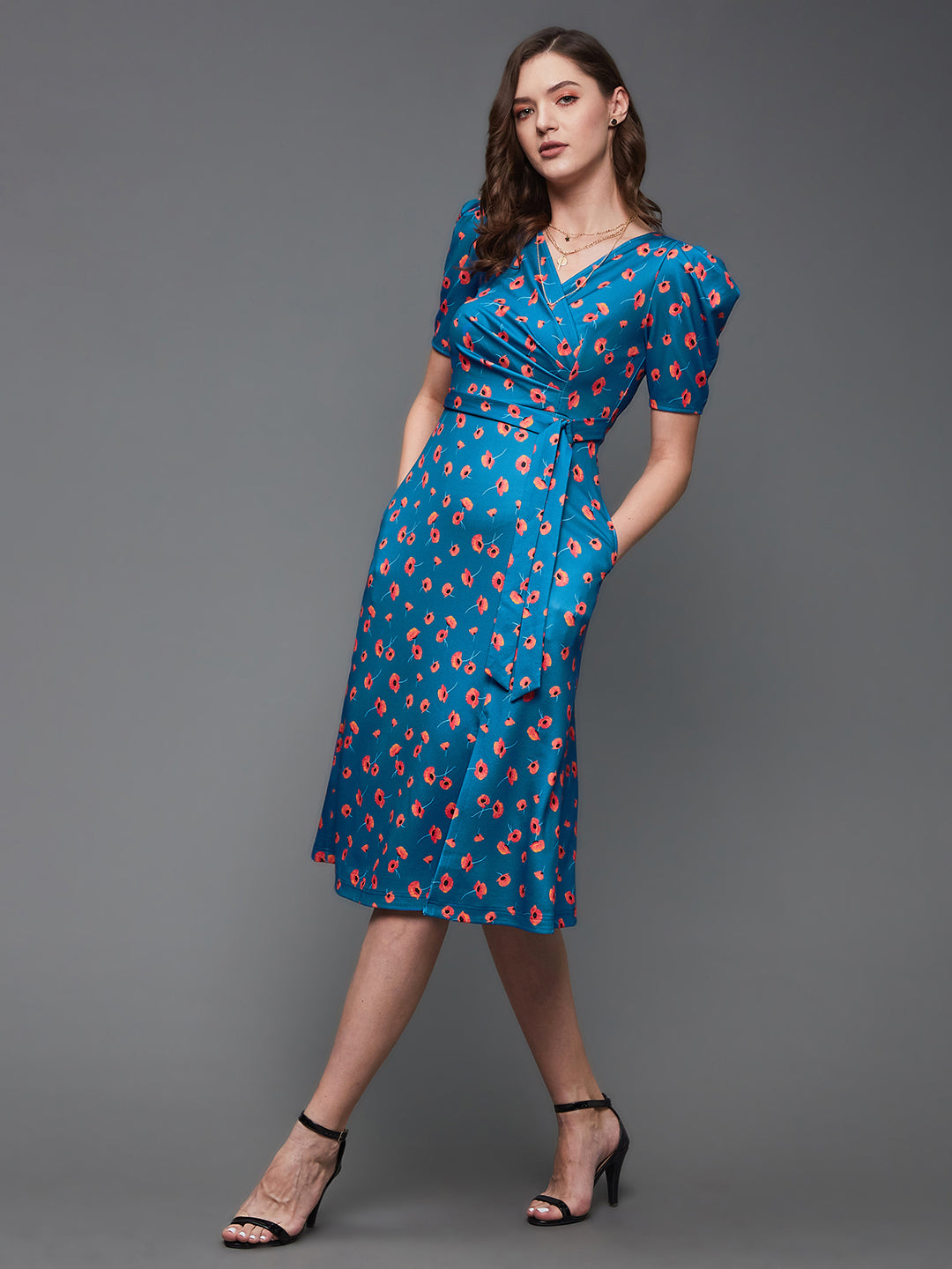 Crease Ease Women's Multicolored-Base-Blue V-Neck Pleated Puff Sleeve Floral Patterned Wrap Midi Polyester Dress