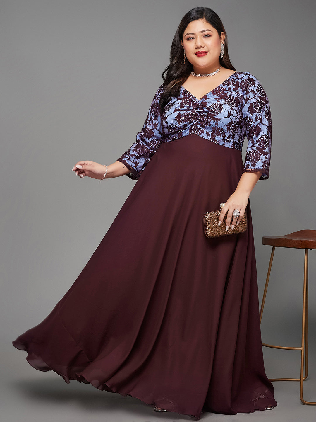 Wine Sweet heart neck 3/4 Sleeve Self Design Fit & Flare Maxi Dress for Women