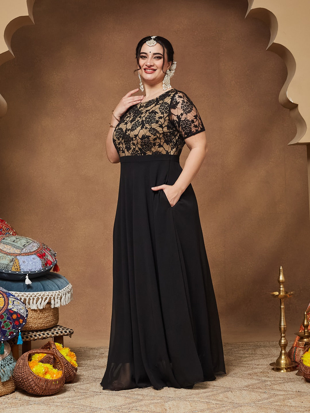 Black Round Neck Half Sleeve Self Design Fit & Flare Georgette Maxi Dress for Women