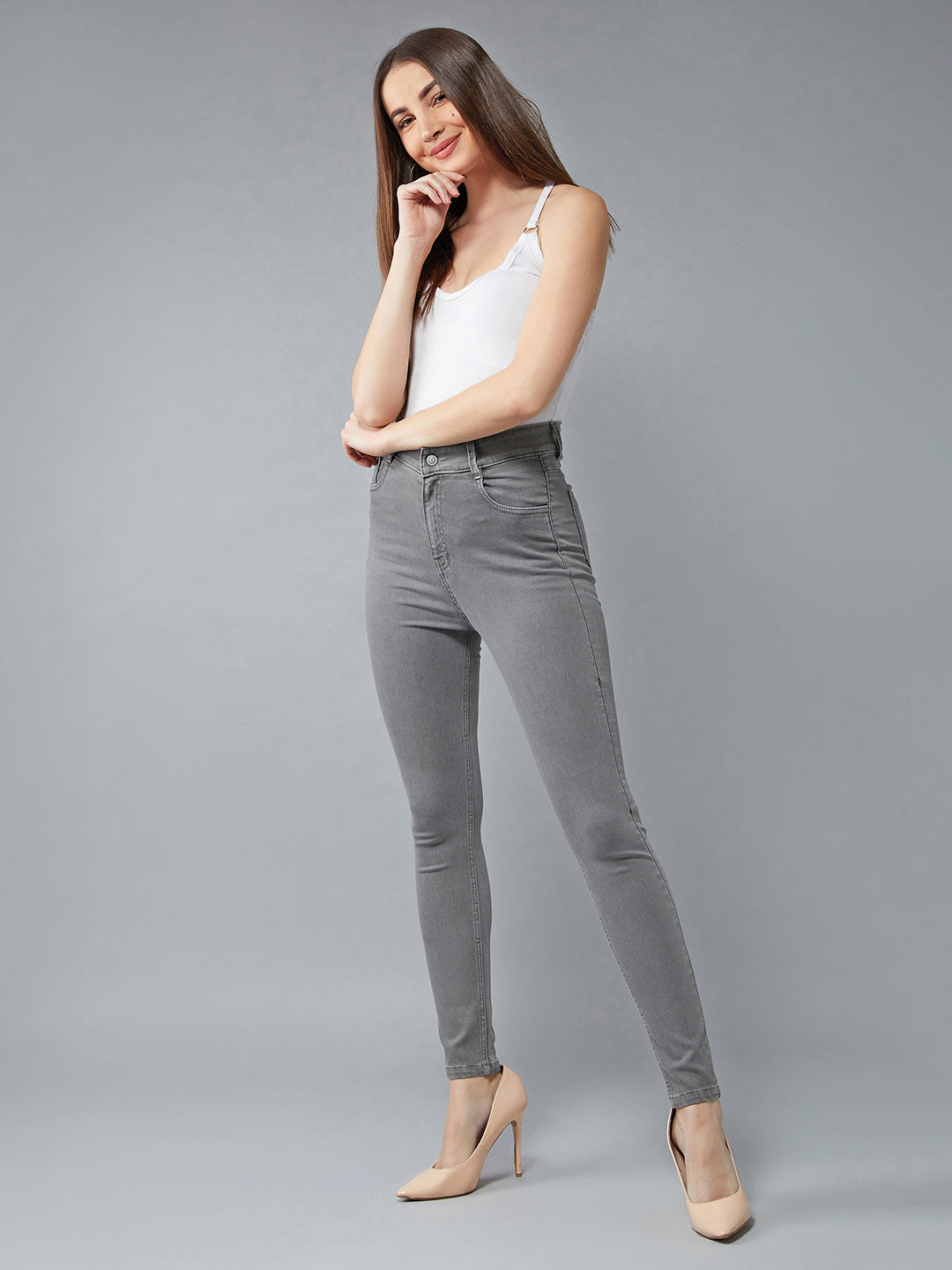 Women's Grey Skinny High Rise Clean Look Regular Stretchable Denim Jeans