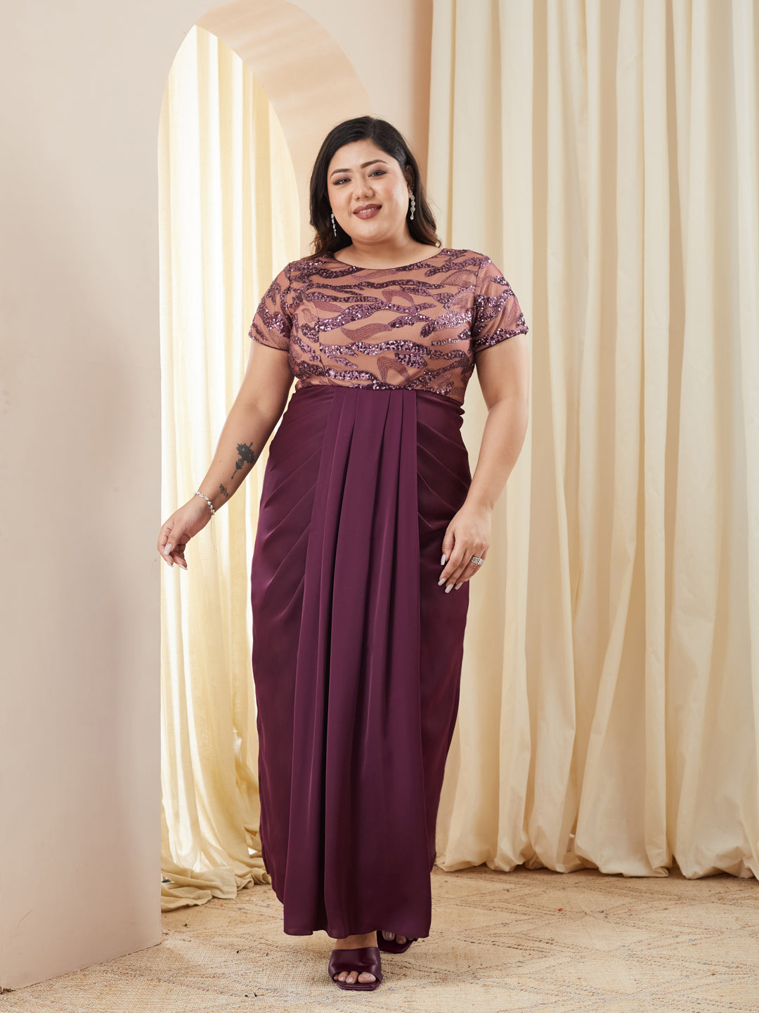 Purple Pleated Satin Gown with Round Neck & Embellishments for Women