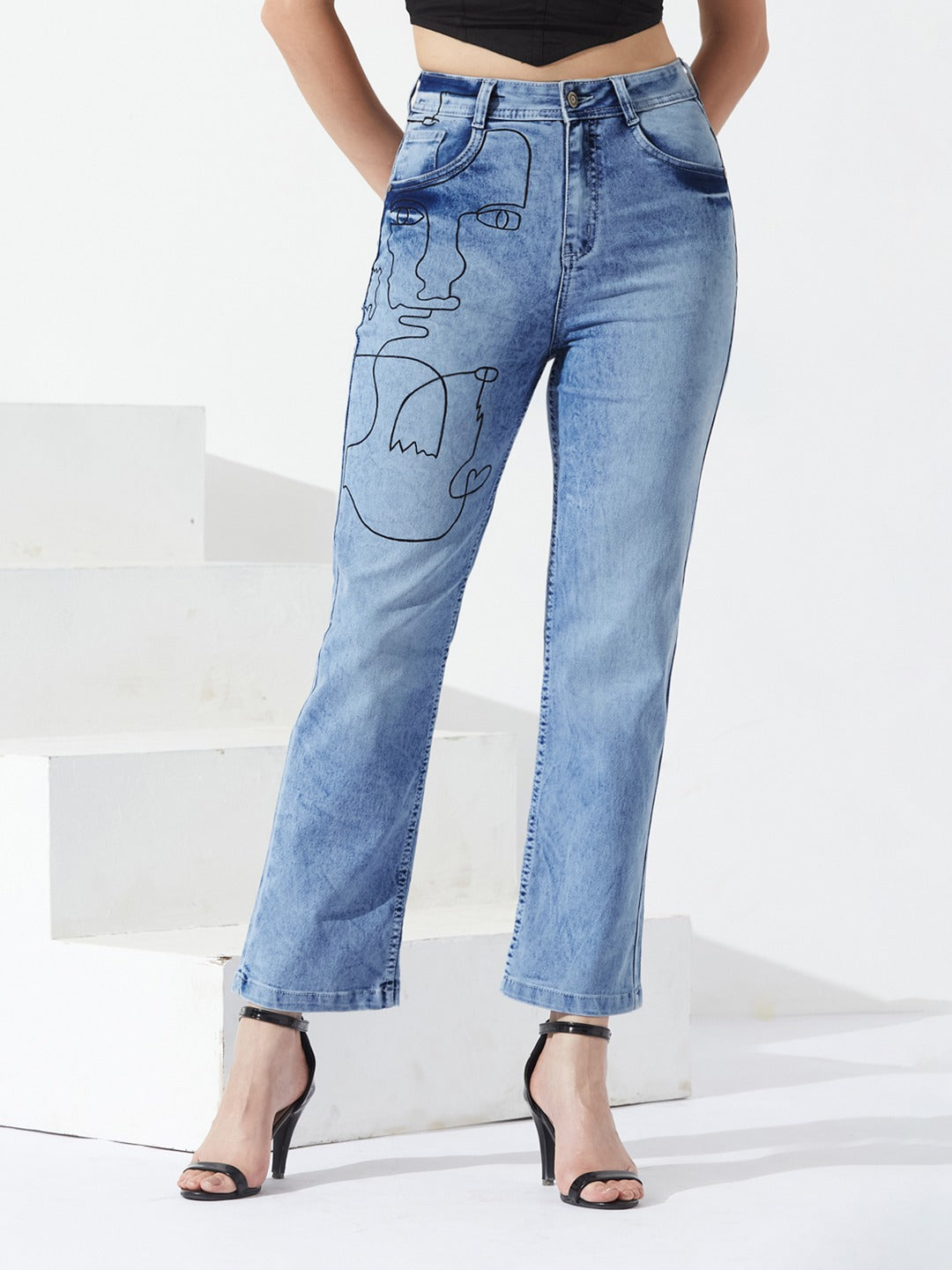 Light Blue Mom Fit high-rise Hand Painted Heavy Wash Stretchable Denim Jeans for Women