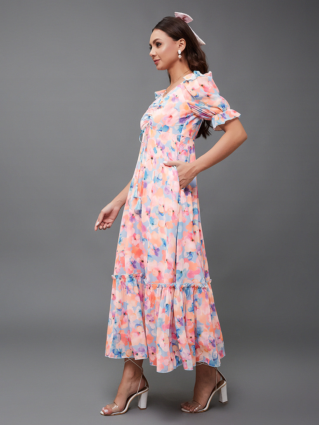 Women's Multicolored-Base-Sky Blue V-Neck Puff Sleeve Floral Ruching Ankle-Length Dress