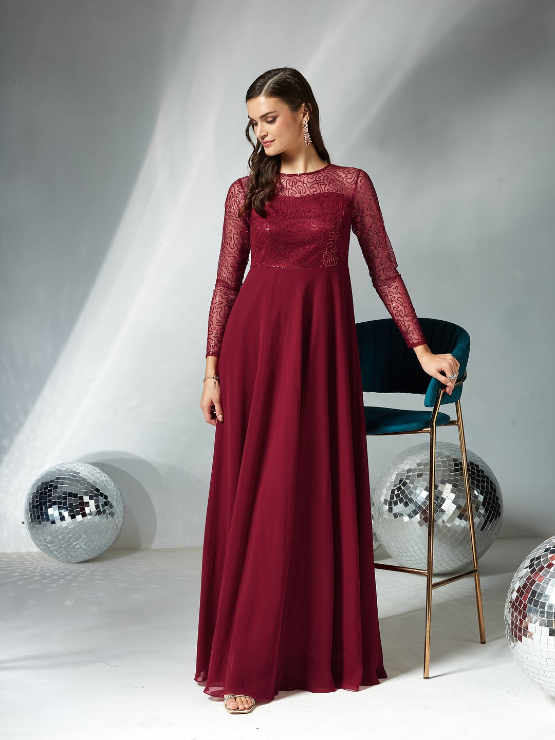 Maroon Solid Embellished Maxi Dress for Women