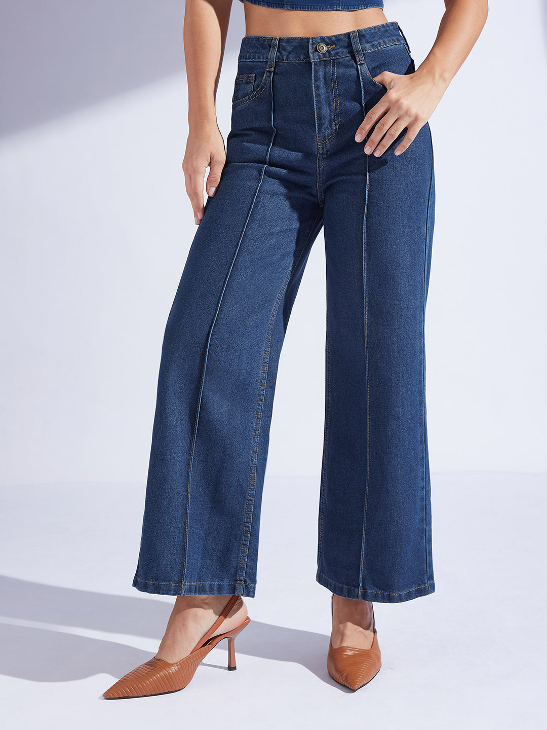 Women's Navy Blue Wide-Leg High-Rise Non-stretchable Denim Jeans