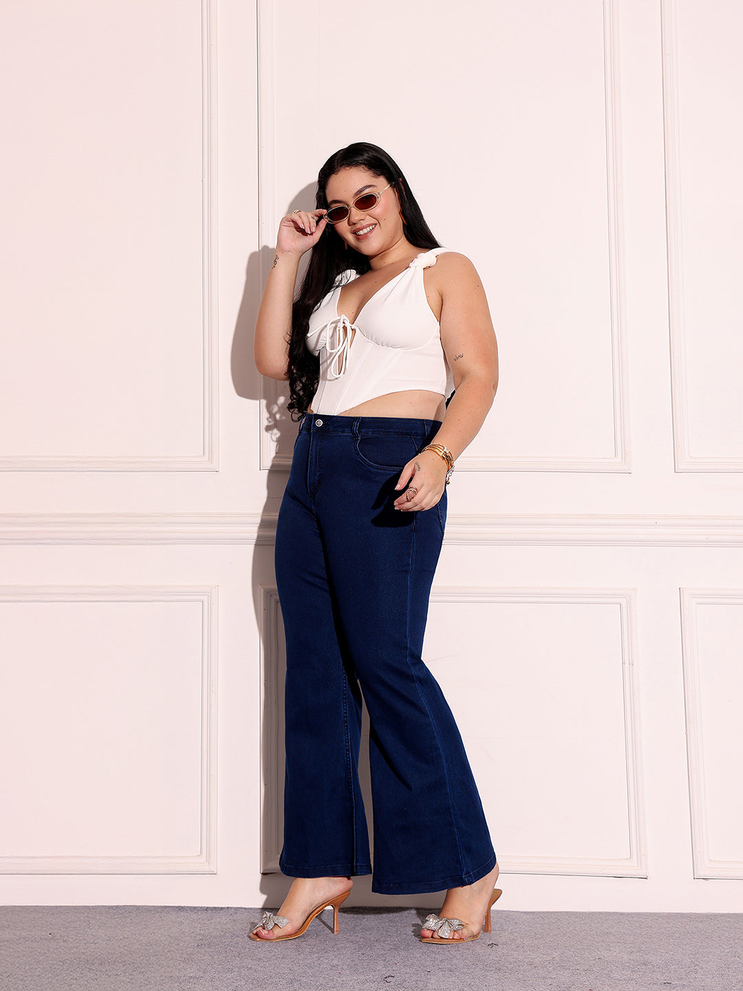 Tummy Smoothening Light-Shaping Bootcut High-Rise Navy Blue Denim Jeans