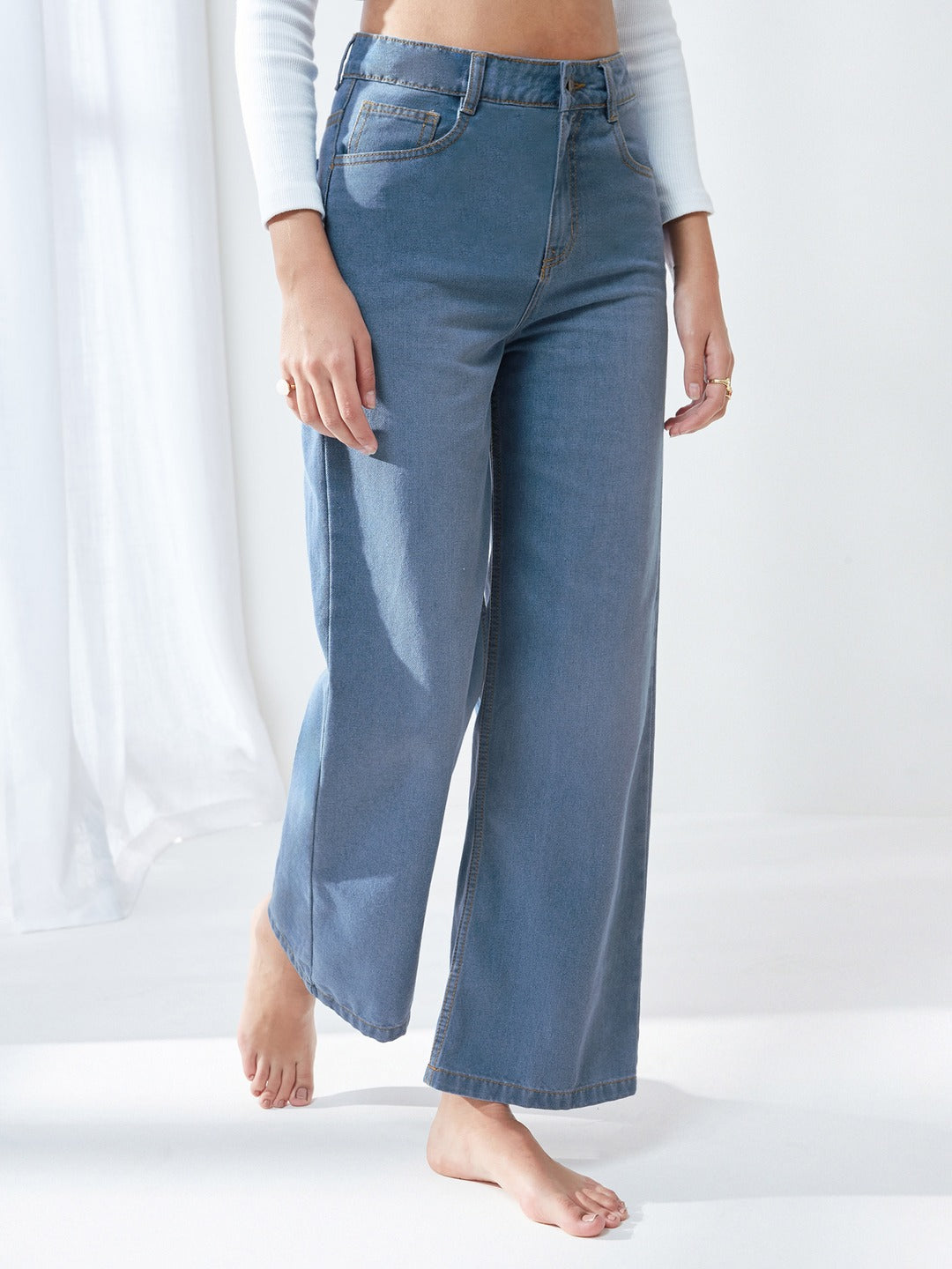 Light Blue Wide-Leg High-Rise Non-stretchable Denim Jeans for Women