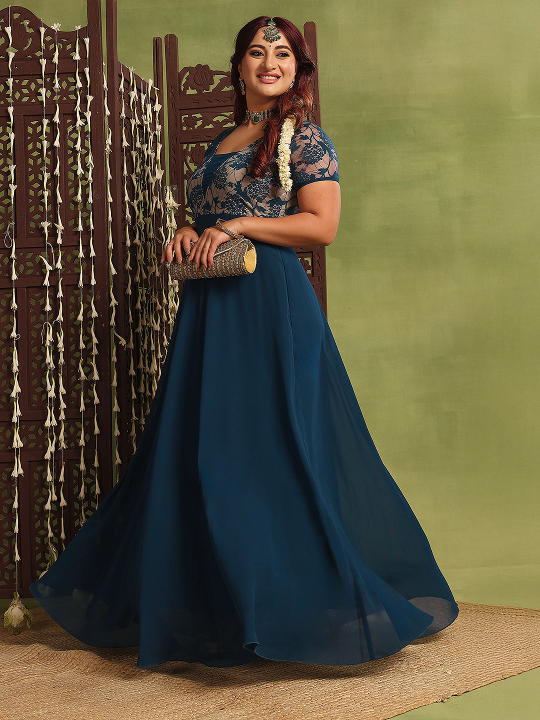 Women's Teal Square Neck Raglan Short-Sleeved Self-Design Lace-Overlaid Georgette Maxi Dress