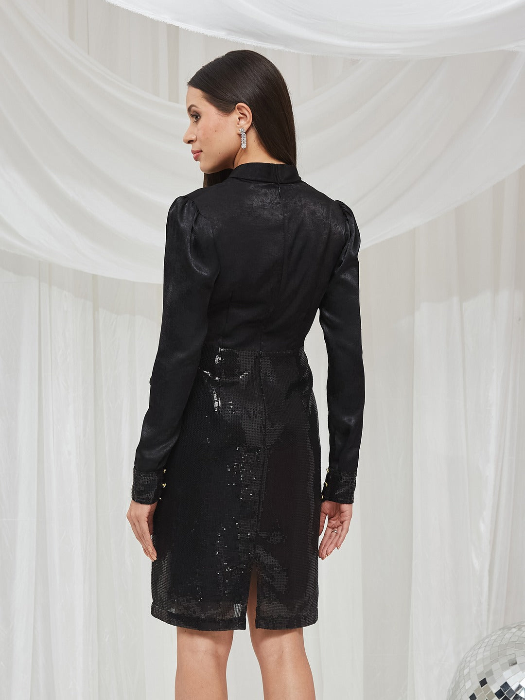 Sequinned Black Knee-Length Full-Sleeved Party Dress for Women