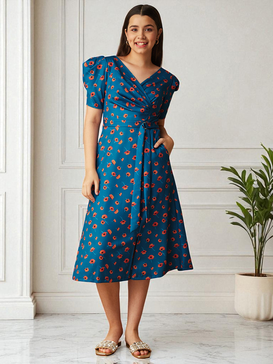 Multicolored-Base-Blue V-Neck Pleated Puff Sleeve Floral Patterned Wrap Midi Polyester Dress for Girls/Teenagers