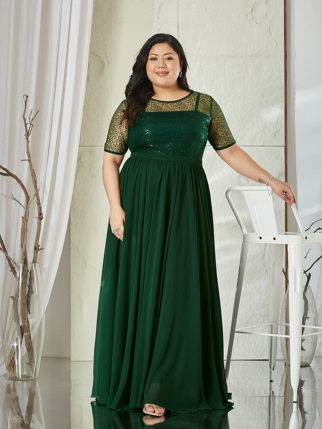 Dark Green Relaxed Fit Maxi Georgette & Sequins Dress for Women