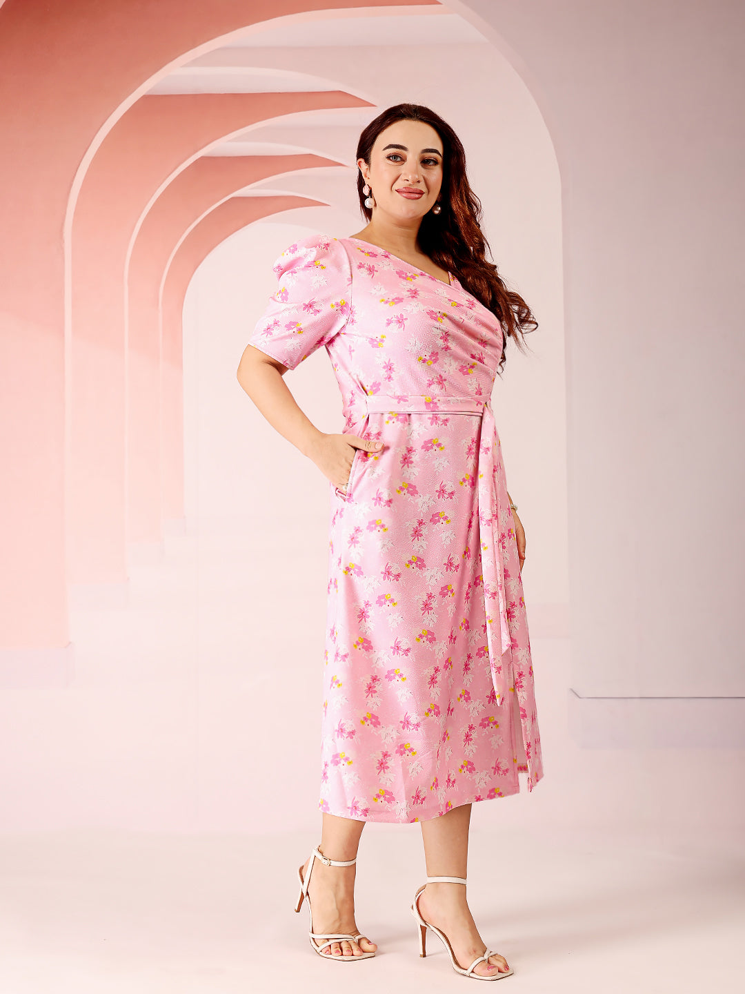 Women's Multicolored-Base-Pink V-neck Puff Sleeve Floral Wrap Midi Dress