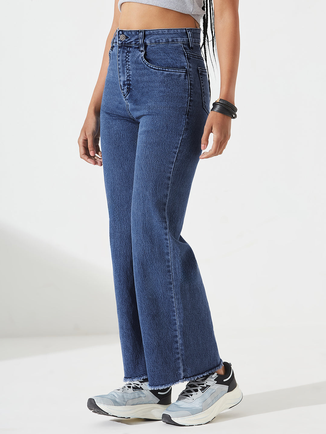 Navy-Blue Wide-Leg High-Rise Stretchable Denim Jeans for Women