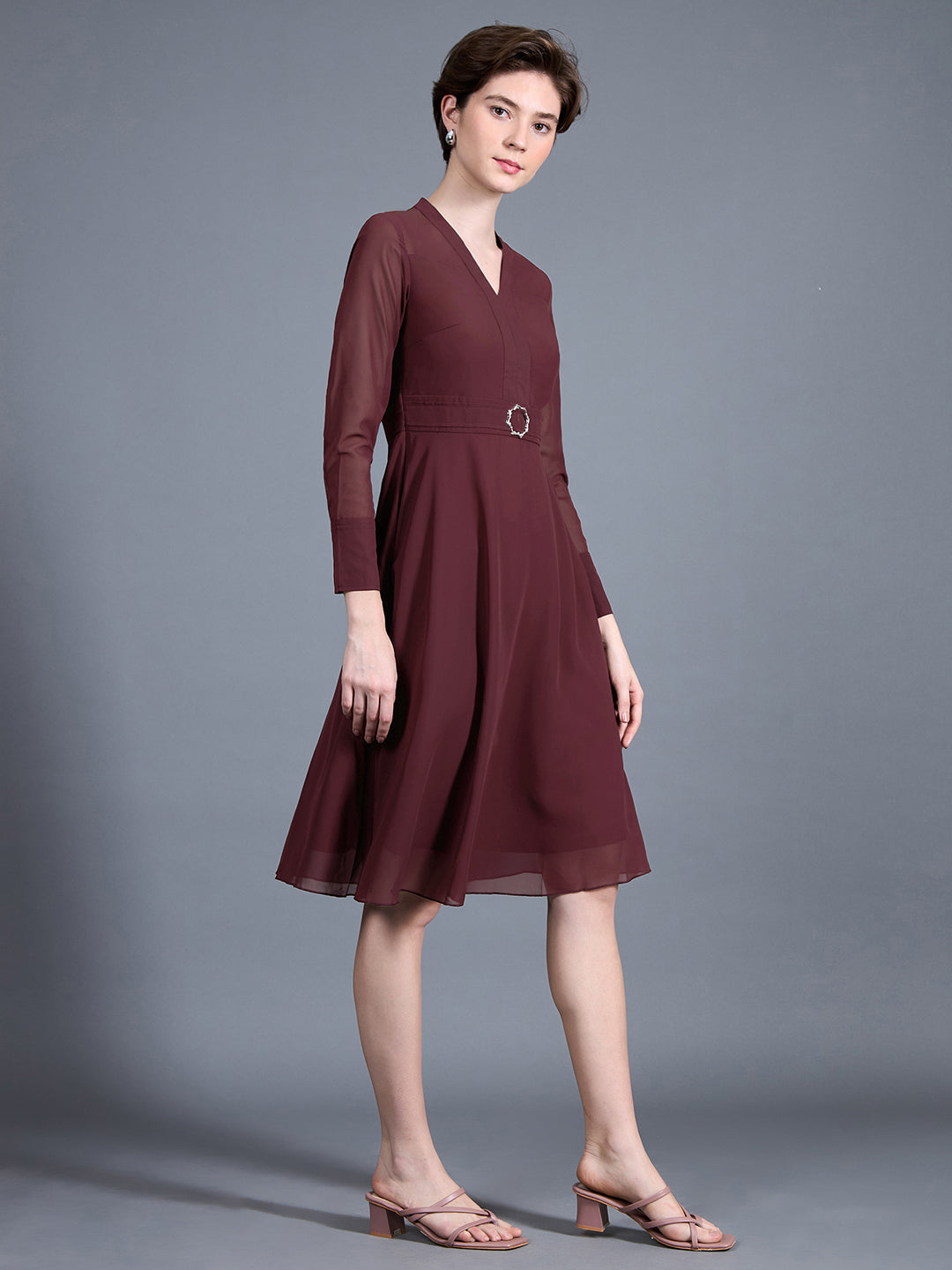Women's Wine Red V-Neck Full Sleeve Solid Fit & Flare Midi Dress