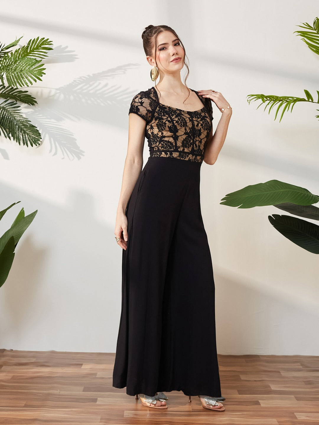 Black Sweetheart Neck Raglan Sleeve Floral Lace Overlaid Viscose-Rayon Regular Length Jumpsuit for Women