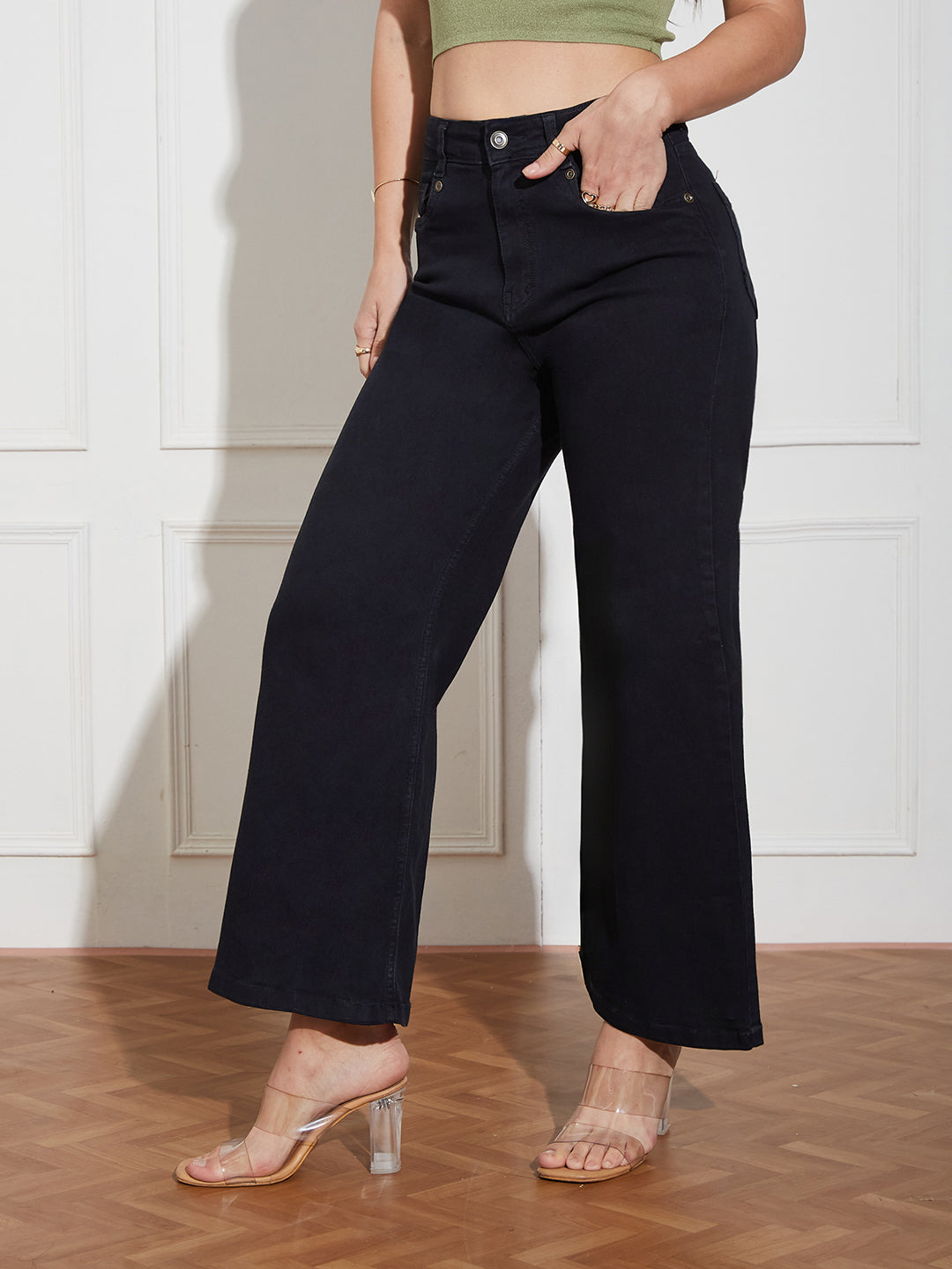 Black Wide-Leg High Rise Clean Look Regular-Length Stretchable Denim Jeans for Women