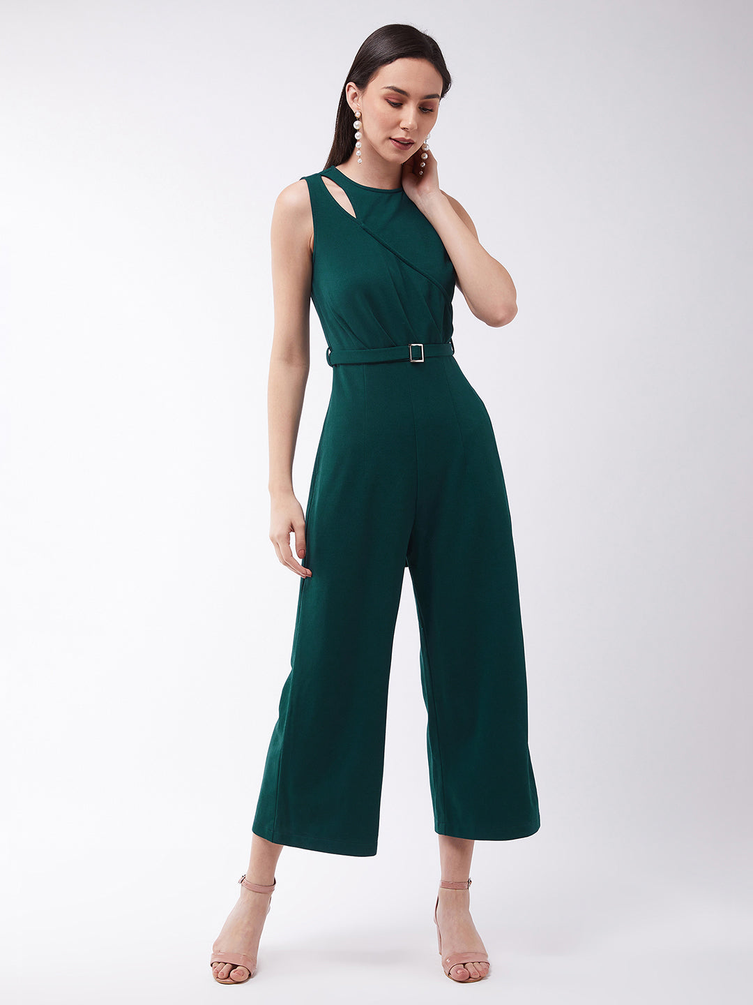 Crease Ease Women's Green Solid Polyester Regular Fit Round Neck Sleeveless Regular Length Jumpsuit