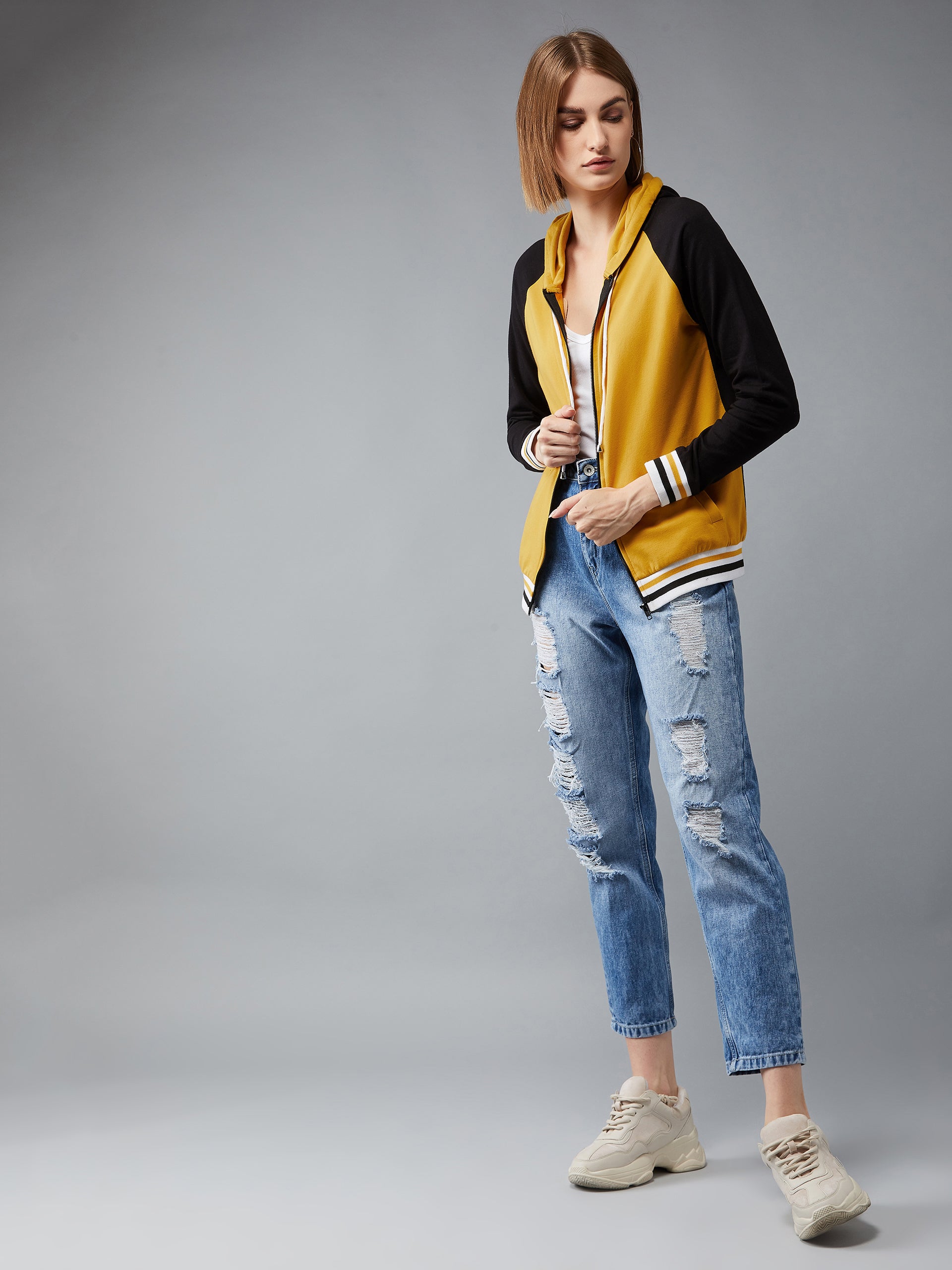 Women's Multicolored- Base- Mustard Yellow Hooded Full Sleeves Loopknit, Rib Solid Color-Block/Raglan Regular Length Jacket