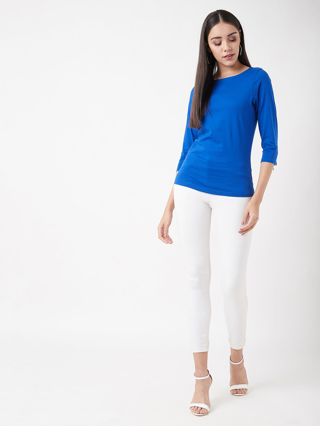 Women's Cobalt Blue Round Neck 3/4 Sleeves Solid Zippered Top