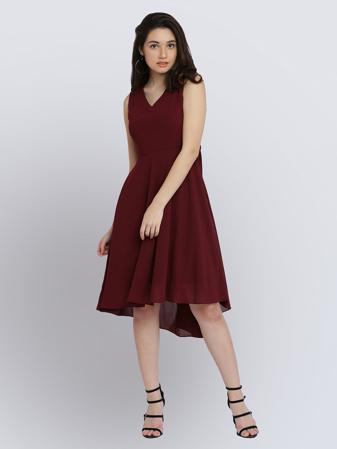 Women's Wine Red V-Neck Sleeveless Solid High-Low Midi Skater Dress