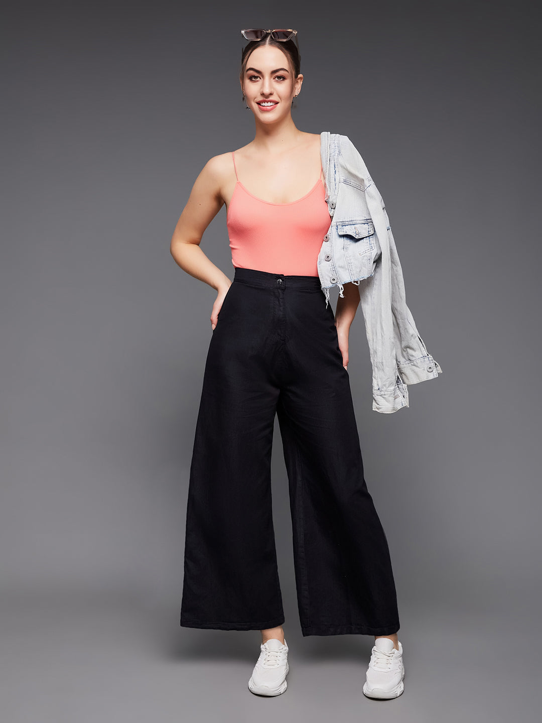 Women's Black Wide-Leg High Rise Clean Look Light Weight Regular Length Denim Pants