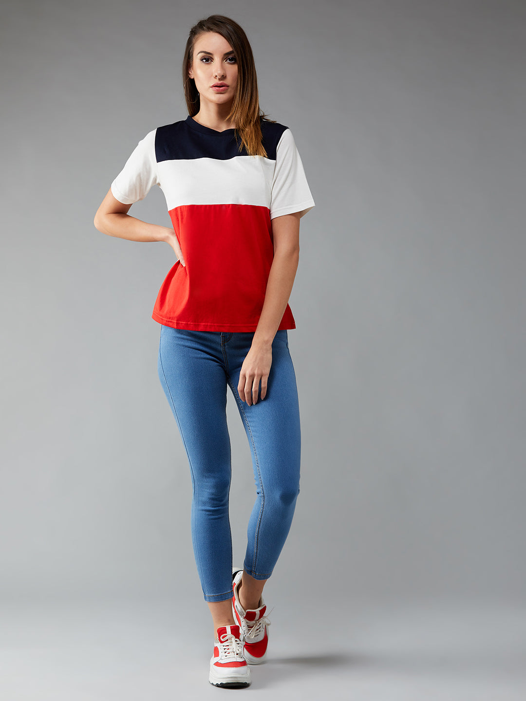 Women's Red Round Neck Half Sleeve Solid Paneled Regular T-Shirt