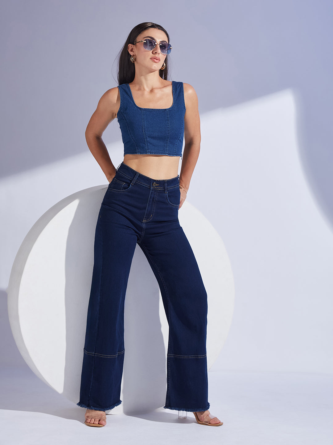 Women's Navy Blue Wide Leg High-Rise Regular-Length Stretchable Denim Jeans