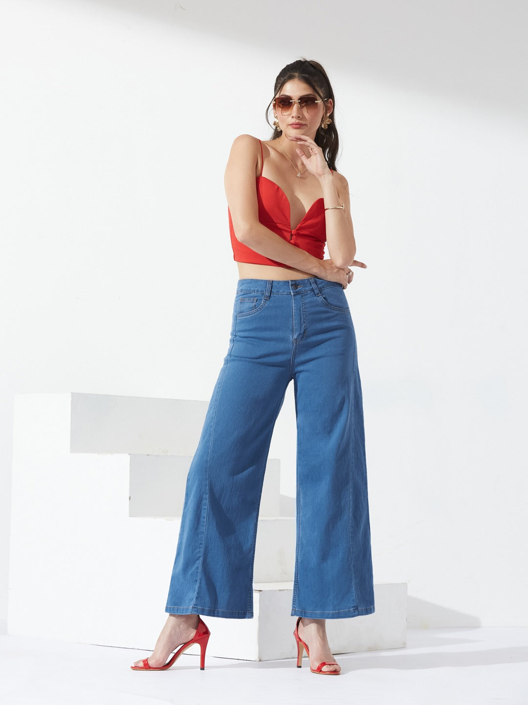 Mid Blue Wide Leg high-rise Curved Panel Stretchable Denim Jeans for Women