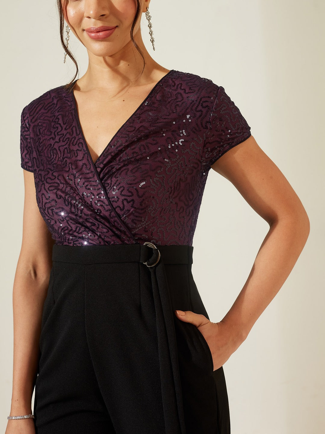 Black V-Neck Short Sleeve Embellished Wrap Regular-Length Polyester Jumpsuit for Women