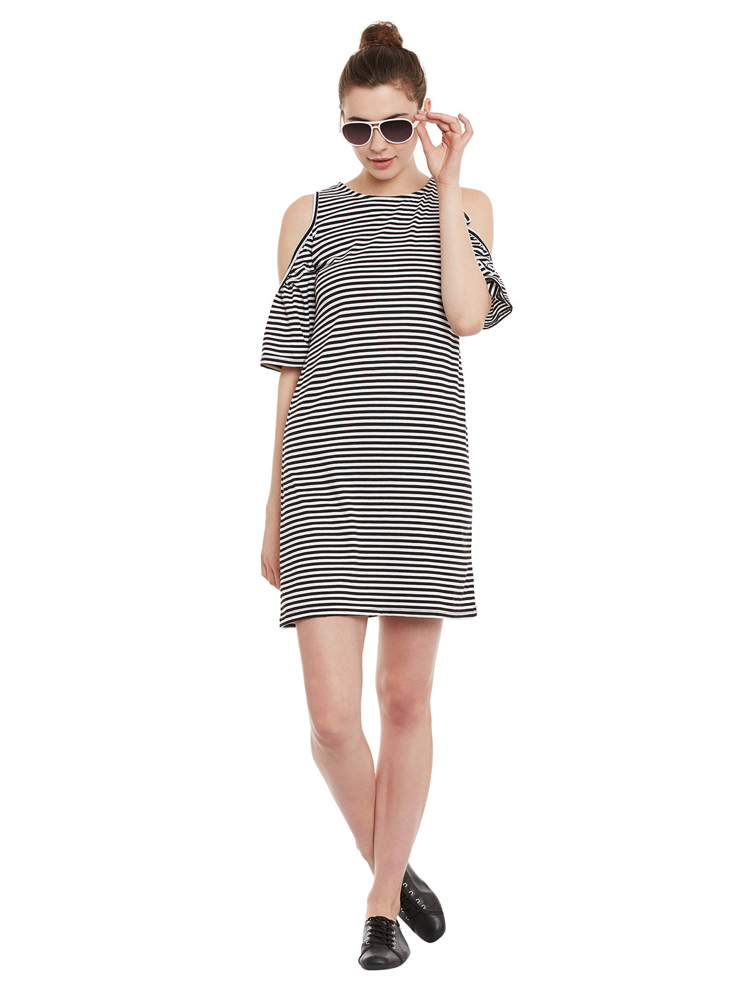 Black and White Round Neck Half Sleeve Striped Mini Shift Dress for Women — Miss Chase
