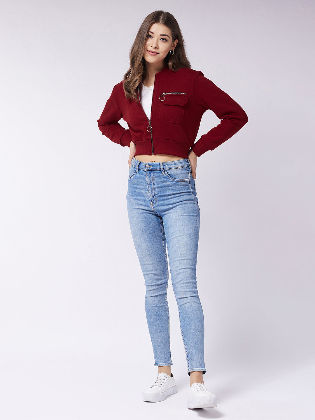 Women's Maroon Stand Collar Full Sleeve Solid Boxy/Bomber Crop Jacket