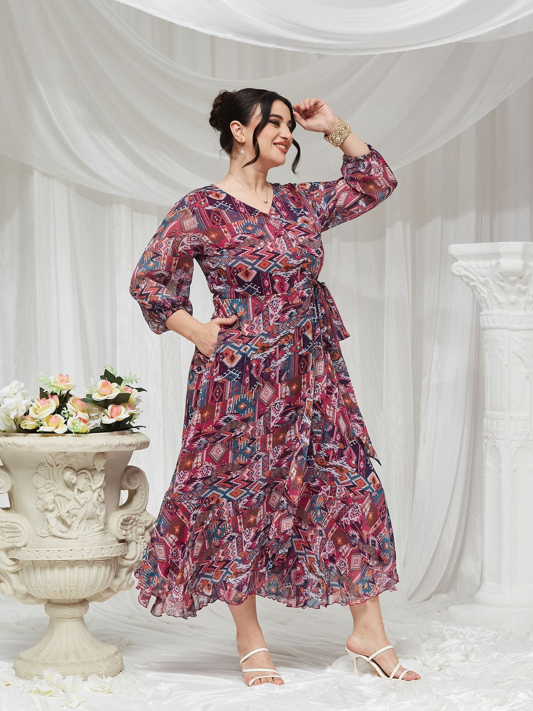 V-Neck Three-Quarter Sleeve Geometric Patterned Wrap Midi Chiffon Dress for Women