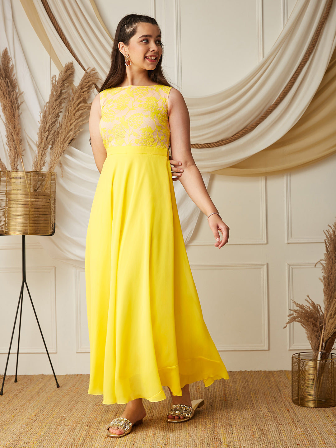 Light Yellow Boat-Neck Sleeveless Solid Lace Overlaid Polyester Maxi Dress